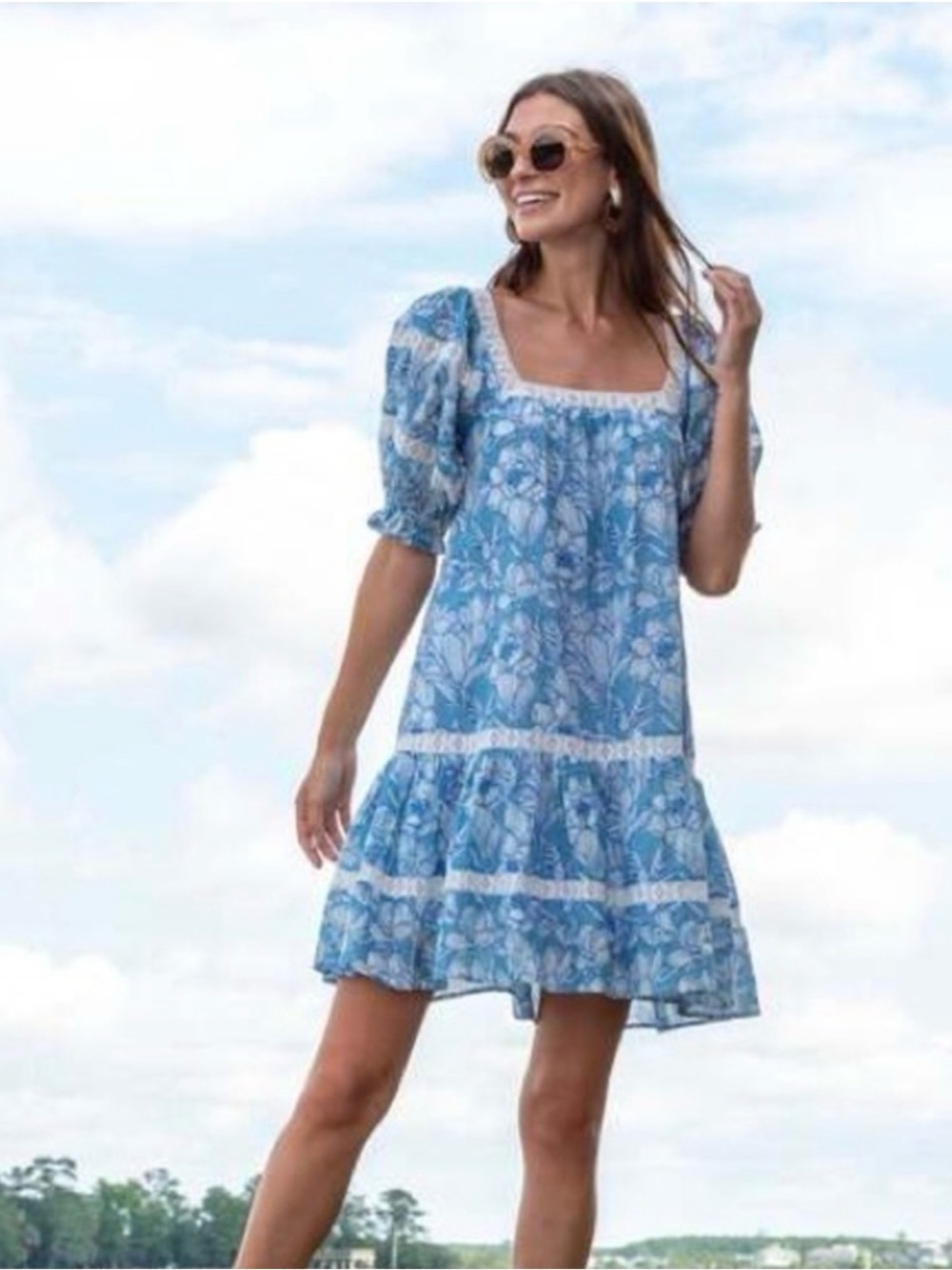 Blue Floral Square-Neck Puff Sleeve Mini Dress with Lace Trim